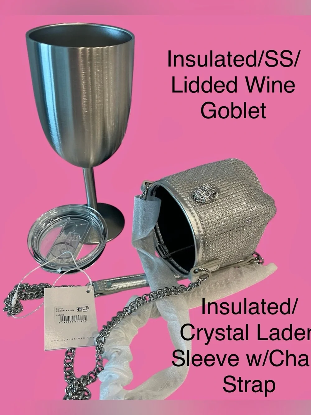 Kurt Geiger Wearable Wine Goblet/Insulated/lidded/Crystal Laden Cover +Dust Bag